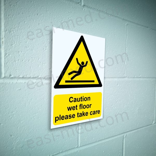 CA-SLIP-PORT-001-07-BLOCK-WALL-WM Caution Wet Floor Please Take Care Sign | A5, A4, A3 | Easi-Signs